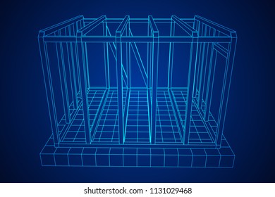 Abstract architecture building. Plan of modern framing house. Wireframe low poly mesh construction.
