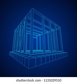Abstract architecture building. Plan of modern framing house. Wireframe low poly mesh construction.