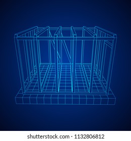 Edificio de arquitectura abstracta. Plano de moderna casa de enmarcado. Construcción de malla de polietileno bajo.