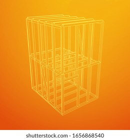 Edificio de arquitectura abstracta. Plano de moderna casa de enmarcado. Construcción de malla de polietileno bajo.