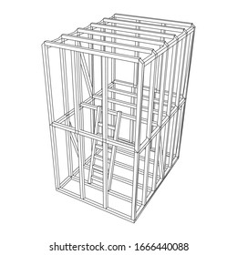 Edificio de arquitectura abstracta. Plano de moderna casa de enmarcado. Construcción de malla de polietileno bajo.