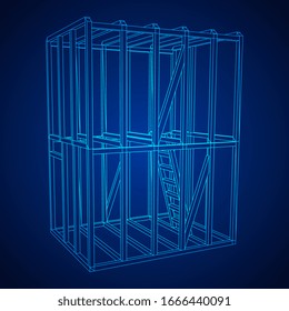 Edificio de arquitectura abstracta. Plano de moderna casa de enmarcado. Construcción de malla de polietileno bajo.