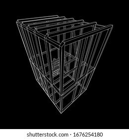 Edificio de arquitectura abstracta. Plano de moderna casa de enmarcado. Construcción de malla de polietileno bajo.
