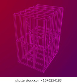 Abstraktes Architekturgebäude. Plan des modernen Bauhauses. Wireframe Low-Poly-Mesh-Konstruktion.
