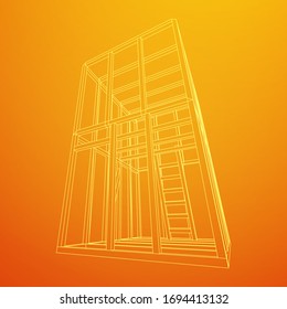 Edificio de arquitectura abstracta. Plano de moderna casa de enmarcado. Construcción de malla de polietileno bajo.