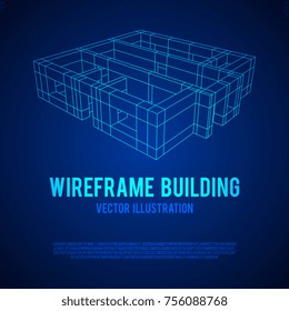 Abstract architecture building. Plan of modern house. Wireframe low poly mesh construction.