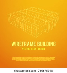 Abstract architecture building. Plan of modern house. Wireframe low poly mesh construction.