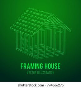 Abstract architecture building. Plan of modern framing house. Wireframe low poly mesh construction.