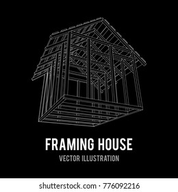 Abstract architecture building. Plan of modern framing house. Wireframe low poly mesh construction home.