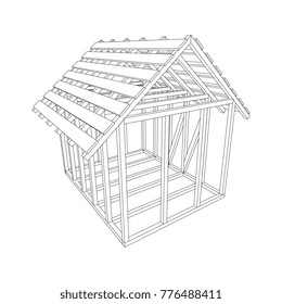 Abstract architecture building. Plan of modern framing house. Wireframe low poly mesh construction home.