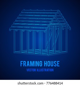 Abstract architecture building. Plan of modern framing house. Wireframe low poly mesh construction home.