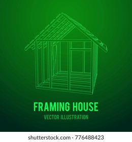 Abstract architecture building. Plan of modern framing house. Wireframe low poly mesh construction home.