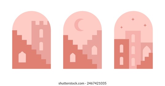 Abstract architecture, buildings, city, stairs. Moroccan eastern window, door, gateway shapes for card, poster. Contemporary aesthetic illustrations.