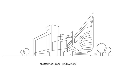 abstract architecture city skyline with trees - single line vector graphics on white background