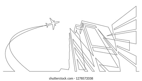 abstract architecture city skyscrapers with airplane in sky - single line vector graphics on white background