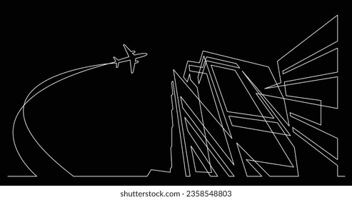 abstract architecture city skyscrapers with airplane in sky - single line vector graphics on white background