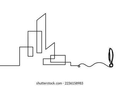 Abstract architecture with exclamation mark as continuous lines drawing on white background. Vector