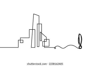 Abstract architecture with exclamation mark as continuous lines drawing on white background. Vector