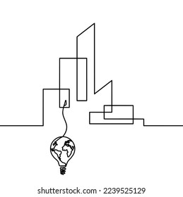 Abstract architecture with globe light bulb as continuous lines drawing on white background. Vector