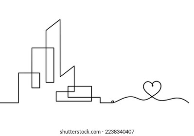 Arquitectura abstracta con corazón como líneas continuas dibujando sobre fondo blanco. Vector