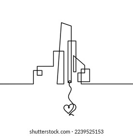 Abstract architecture with heart as continuous lines drawing on white background. Vector
