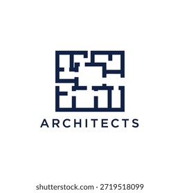 Abstract architecture logo design with complex house plan in dark blue. Creative and modern symbol for architects and builders.