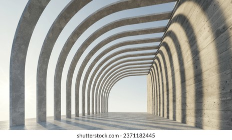 abstract architecture made of concrete walls, cement textured floor and white columns casting shadows, 3d rendering with copy space