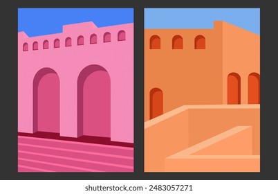Abstract architecture in the Mediterranean style. Minimalist building design. Template for posters, prints, interior design and creative ideas