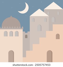 Abstract architecture. Minimalist design of buildings with arches, windows and stairs. Template for posters, prints, interior design and creative ideas