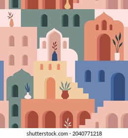 Abstract architecture. Minimalist geometric building shapes seamless pattern, moroccan oriental streets, bohemian aesthetic. Vector concept. Decor textile, wrapping paper, print or fabric