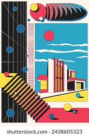Abstract Architecture Poster. Modern House, Perspective Grid, Stairs, Geometric Shapes