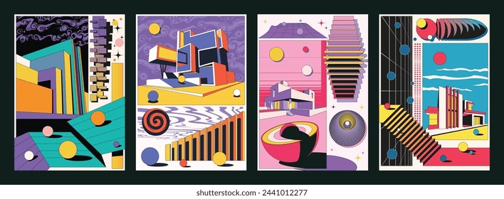 Abstract Architecture Poster Set. Modern Houses, Art Deco Building, Geometric Shapes Background, Perspective Grid, 1980s Colors and Style