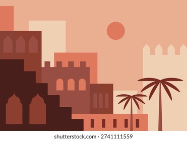 Abstract architecture poster. Simple geometric staircases and eastern arches, moroccan style simple contemporary card, trendy boho background. Unique shape colorful Flat Boho Geometric Neutral Color design Poster