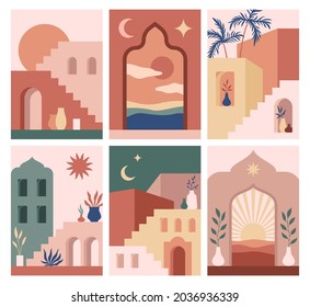 Abstract architecture posters. Simple geometric staircases and eastern arches, moroccan style simple contemporary cards, trendy boho doors and windows, sun moon and stars vector isolated set
