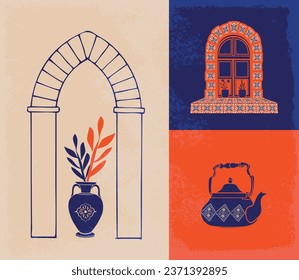 Abstract architecture posters simple geometric. Moroccan contemporary abstract geometric. Islamic arabian oriental style windows, doors, stairs and arches poster set mid century vector image	