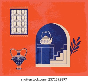 Abstract architecture posters simple geometric. Moroccan contemporary abstract geometric. Islamic arabian oriental style windows, doors, stairs and arches poster set mid century vector image	