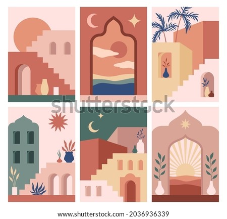 Abstract architecture posters. Simple geometric staircases and eastern arches, moroccan style simple contemporary cards, trendy boho doors and windows, sun moon and stars vector isolated set
