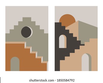 Abstract architecture stair posters. Mid century modern boho art print, wall decor social media stories contemporary style. Vector illustration.