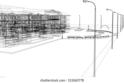 Abstract archticture. Wire-frame building on the white background. EPS 10 vector format