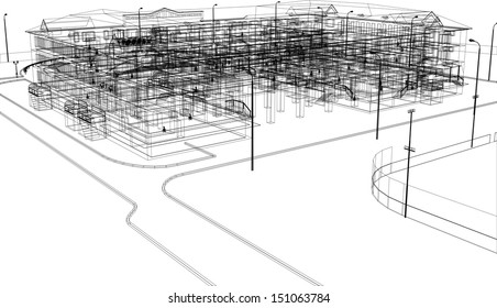 Abstract archticture. Wire-frame building on the white background. EPS 10 vector format