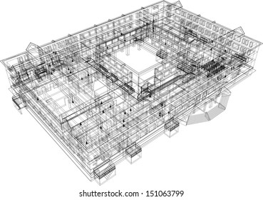 Abstract archticture. Wire-frame building on the white background. EPS 10 vector format