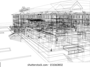 Abstract archticture. Wire-frame building on the white background. EPS 10 vector format