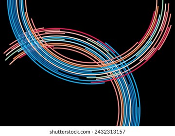 
Abstract arcs from colored lines on a black background. Neon threads. Vector background. Light effect