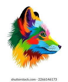 Abstract arctic fox head portrait, fox head portrait from multicolored paints. Colored drawing. Vector illustration of paints