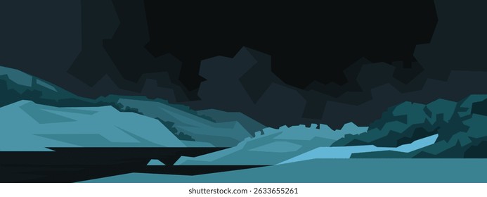 Paisagem ártica abstrata com montanhas de gelo e geleiras para web design. Ilustração vetorial em estilo de design plano com gradientes e formas geométricas para fundos digitais modernos