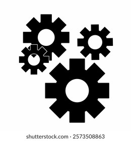 Abstract arrangement of black gear silhouettes, overlapping and interconnected, creating a modern industrial or mechanical theme. Ideal for tech or engineering designs