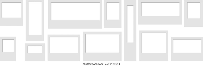 Disposição abstrata de quadros de imagem em branco com tons neutros em um fundo branco