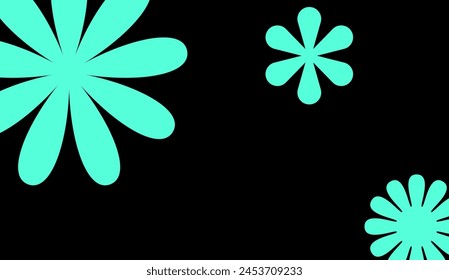 Eine abstrakte Anordnung von cyan-floralen Formen blüht vor einem krassen schwarzen Hintergrund und vermittelt ein verspieltes, aber modernes Grafikdesign-Element.