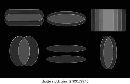 Abstrakte Anordnung mit grauen geometrischen Formen wie Rechtecken, Ovalen und überlappenden Kreisen, die subtile Transparenzen und Farbverläufe auf dunklem, schwarzem Hintergrund darstellen.