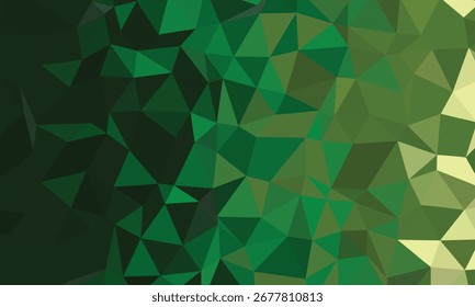 Una disposición abstracta presenta una composición de estilo polígono bajo con Formas poligonales geométricas en tonos verdes que se desvanecen en amarillo claro sobre un fondo poligonal.